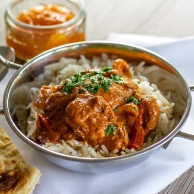 Slow Cooker Chicken Tikka Masala with Naan bread and mango chutney