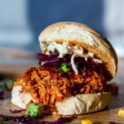 Slow Cokker BBQ Pulled Chicken bun on a board