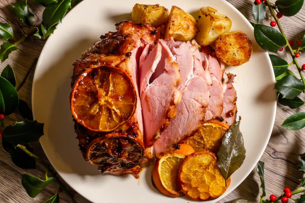 Overhead view of Slow Cooker Gammon cooked in Cranberry and Orange.