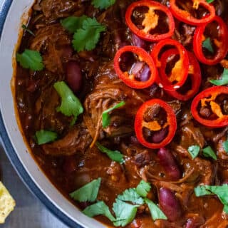 overhead view of slow cooker chilli brisket chilli