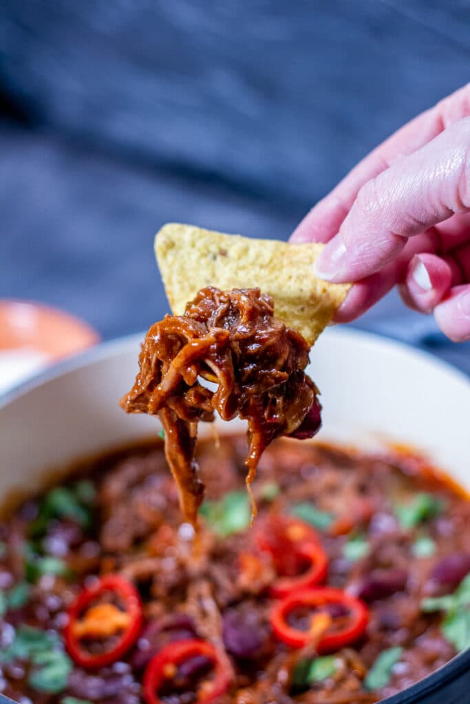 Slow Cooker Chilli Beef Brisket on a Nacho chip