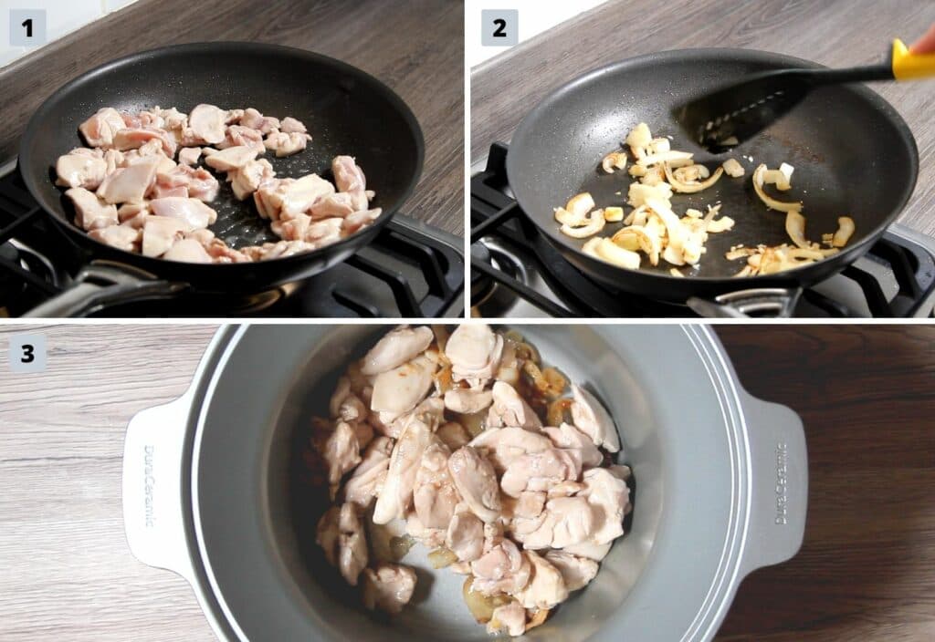 Process to make Butter Chicken Curry; seal chicken, fry onions and put into slow cooker