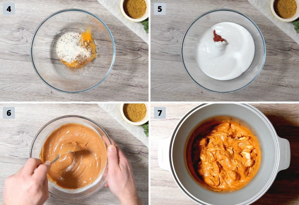 Process to make Butter Chicken Curry; Mix spices, add yoghurt and cream, mix into slow cooker pot.