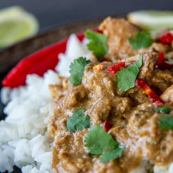 Close up image of Slow Cooker Chicken Satay curry and rice.