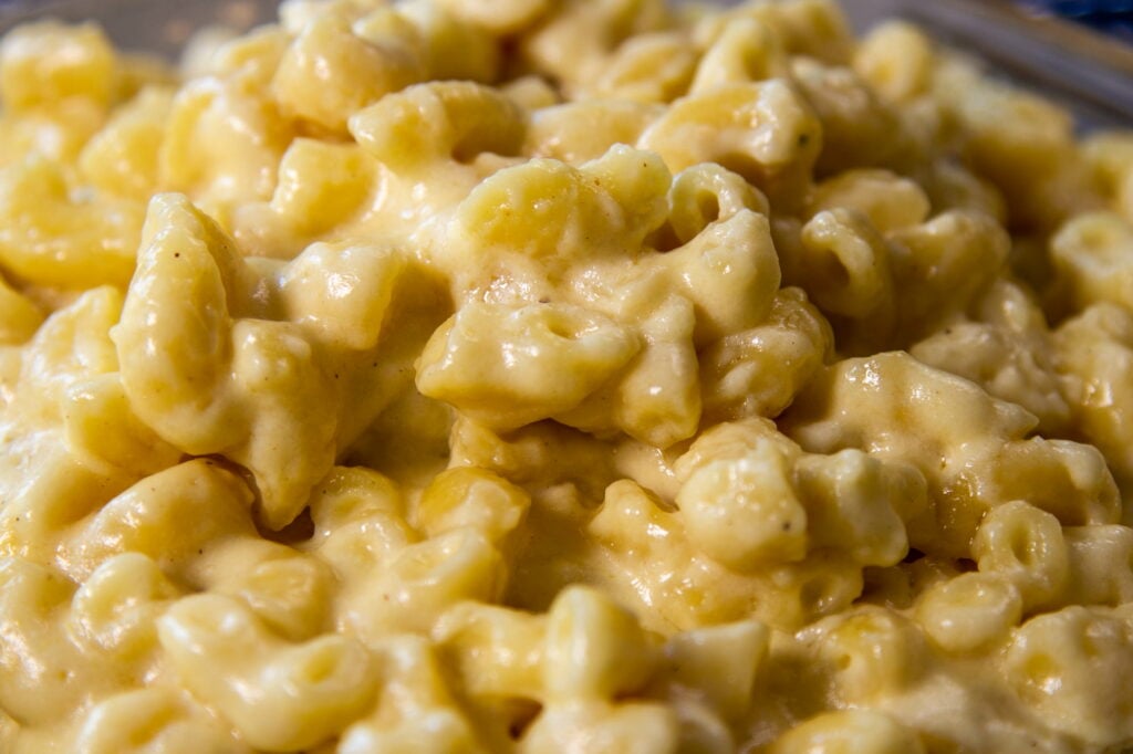 Close up view of Slow Cooker Mac and Cheese.