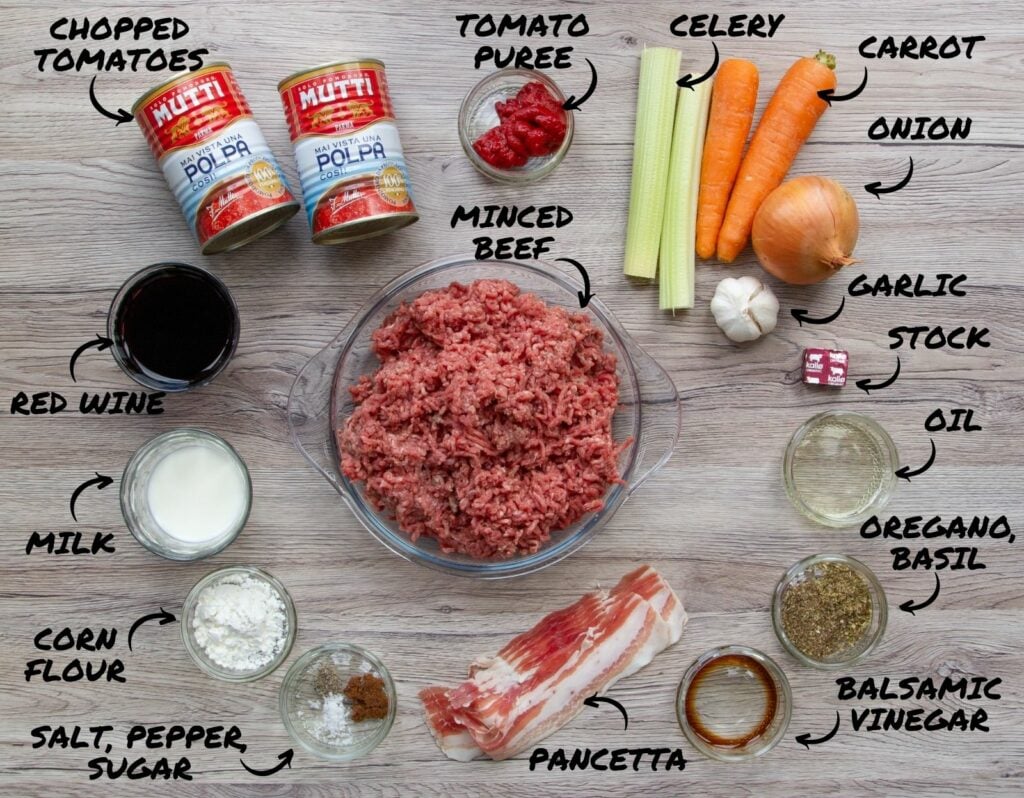 Overhead photo of the ingredients to make Slow Cooker Bolognese.