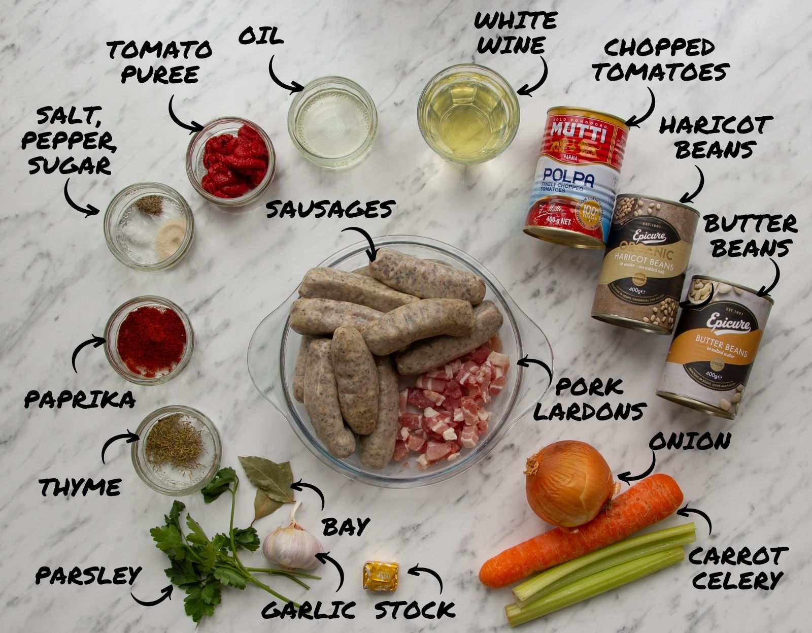 Image to show the six steps needed to make the slow cooker sausage casserole. Cut the vegetables into cubes, brown the meat, reduce the wine and then add all the ingredients to the slow cooker.