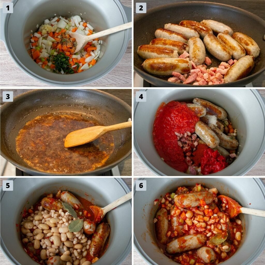 Image to show the six steps involved to make Slow Cooker Sausage Casserole. Dicing the vegetables, browning the meat, reducing the wine then adding all of the ingredients to the slow cooker.