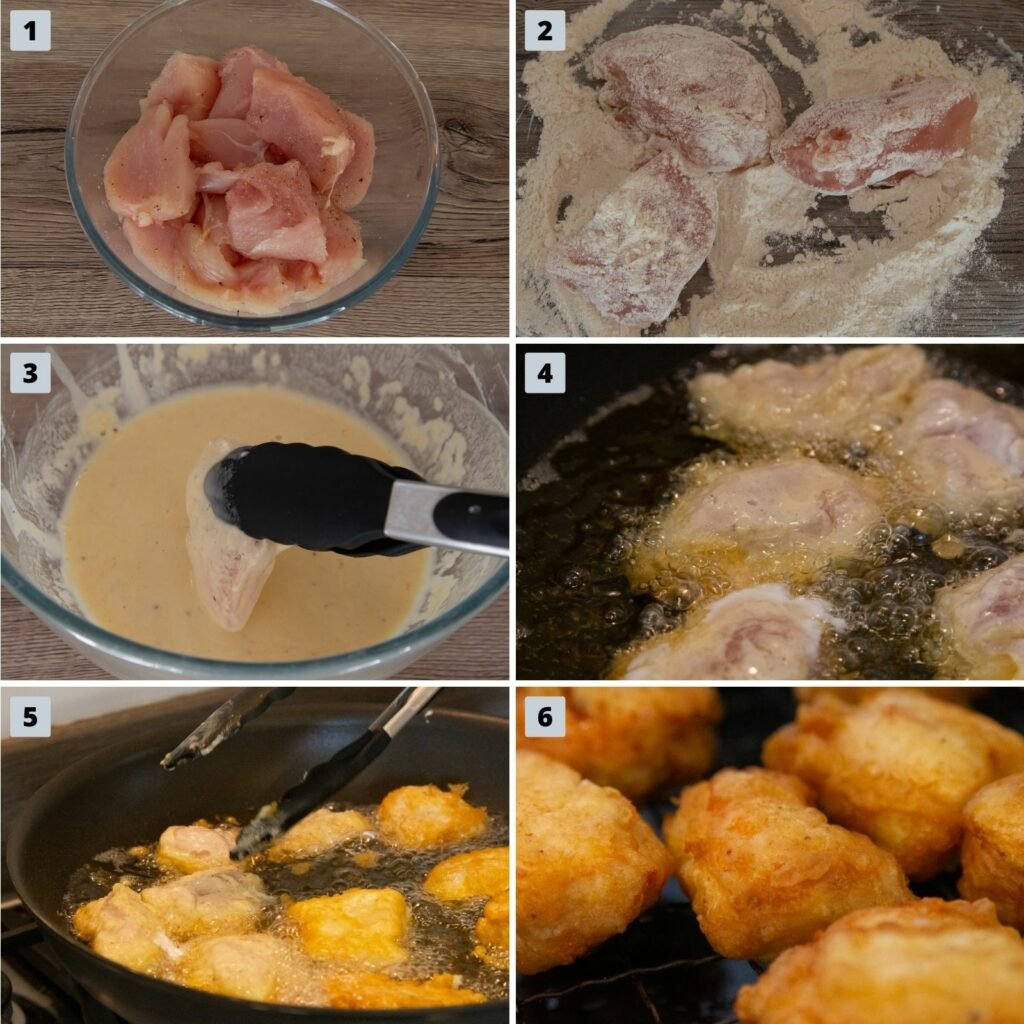Six pictures to show the stages to prepare and cook the chicken for Slow Cooker Sweet and Sour Chicken recipe.