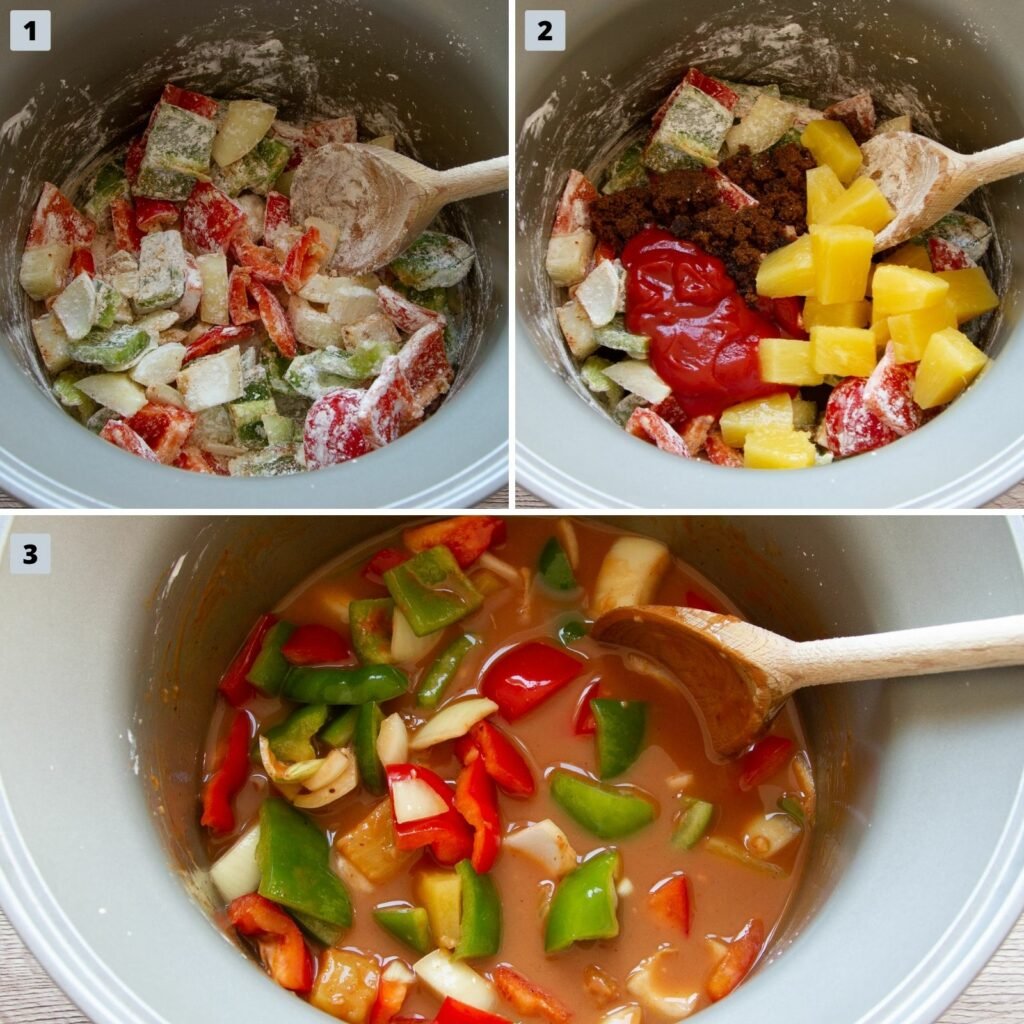 Three pictures to show the stages of making sweet and sour sauce in the slow cooker.