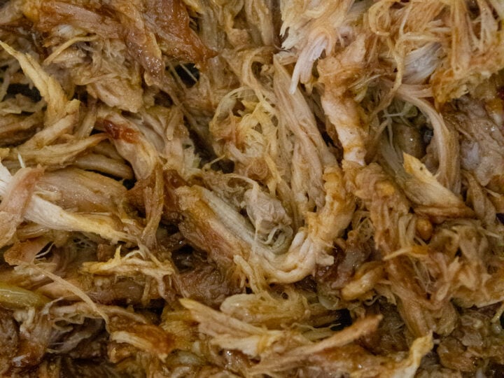 Close up picture of pulled pork made in the crockpot.