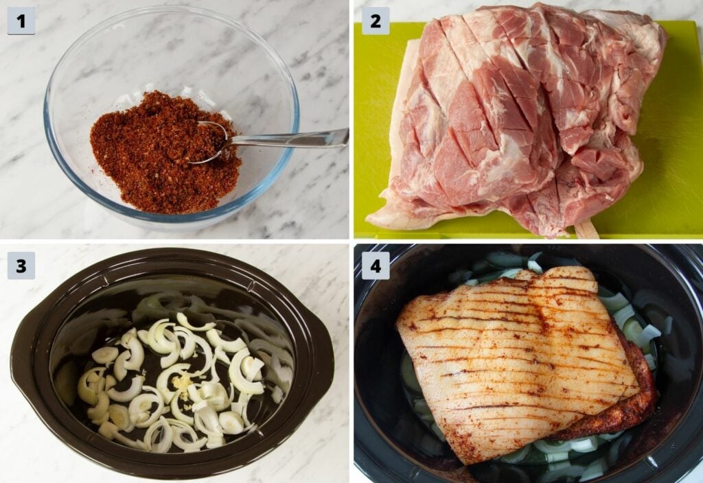 Steps to make Slow Cooker Pulled Pork (steps 1-4).