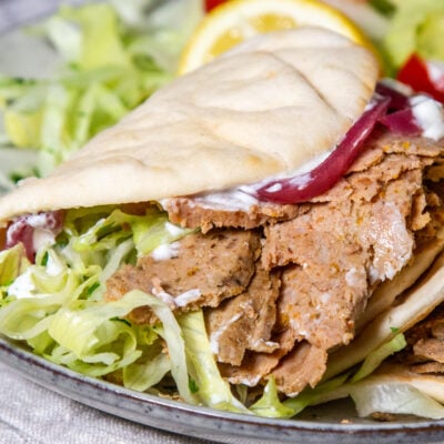Slow Cooker Doner Kebab in a flatbread with salad.