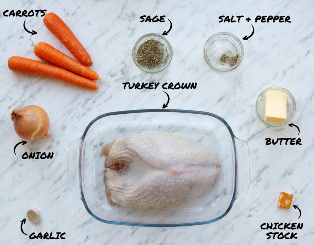 Top down view of the ingredients required to slow cook a turkey crown