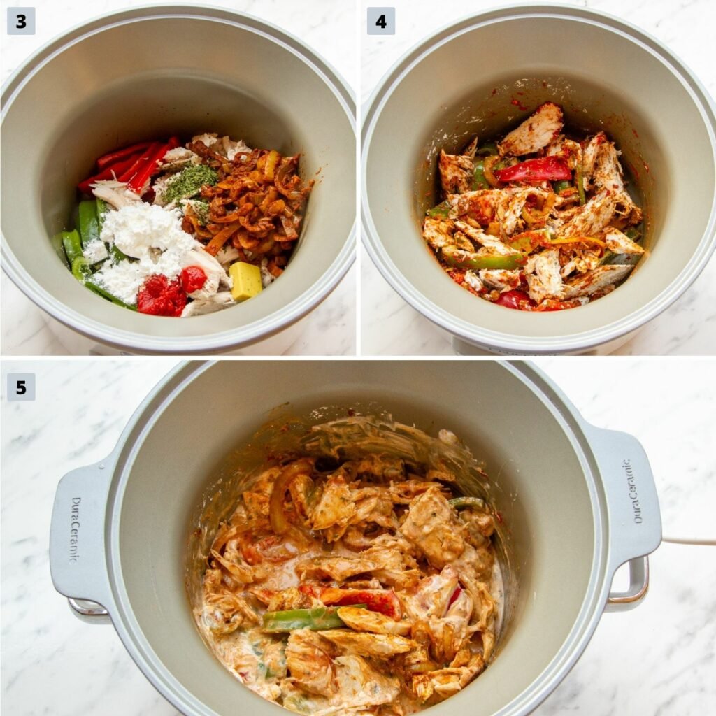 Images to show step by step guide to make Slow Cooker Turkey Curry. Showing steps 3-5.