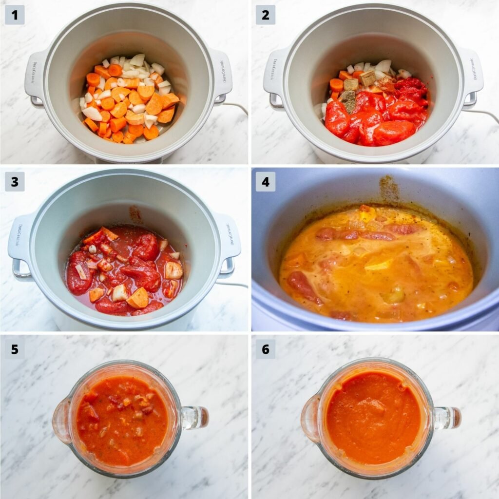 Image displaying the six steps to make tomato soup in the slow cooker.