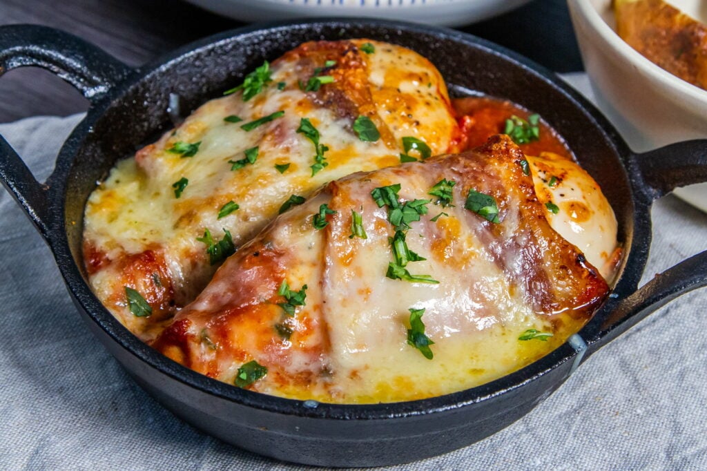 Slow Cooker Hunters Chicken in a skillet