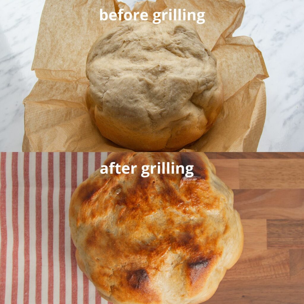 Image to show bread baked in the Slow Cooker before and after grilling the crust. 
