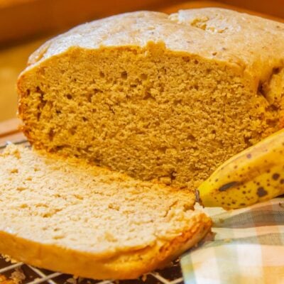 Picture of slow cooker banana bread freshly sliced.