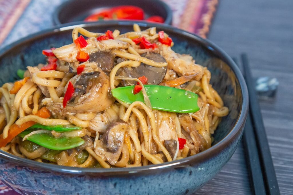 Slow Cooker Chicken Chow Mein in a bowl ready to serve.
