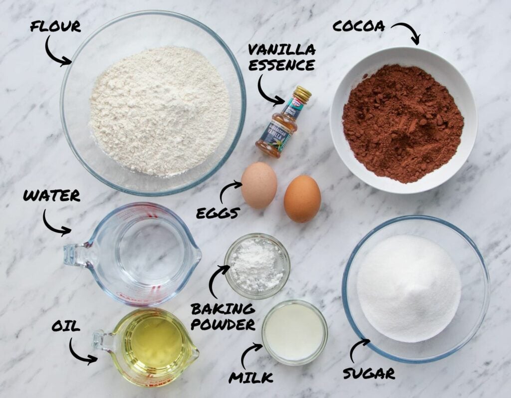 Overhead shot of ingredients required to make dairy free slow cooker chocolate cake