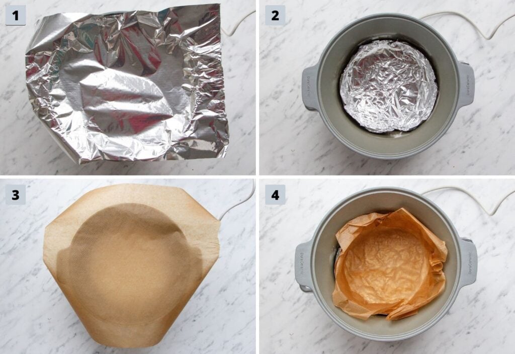 Picture to show the four steps to prepare a slow cooker for baking. Creating a foil and baking parchment lining.