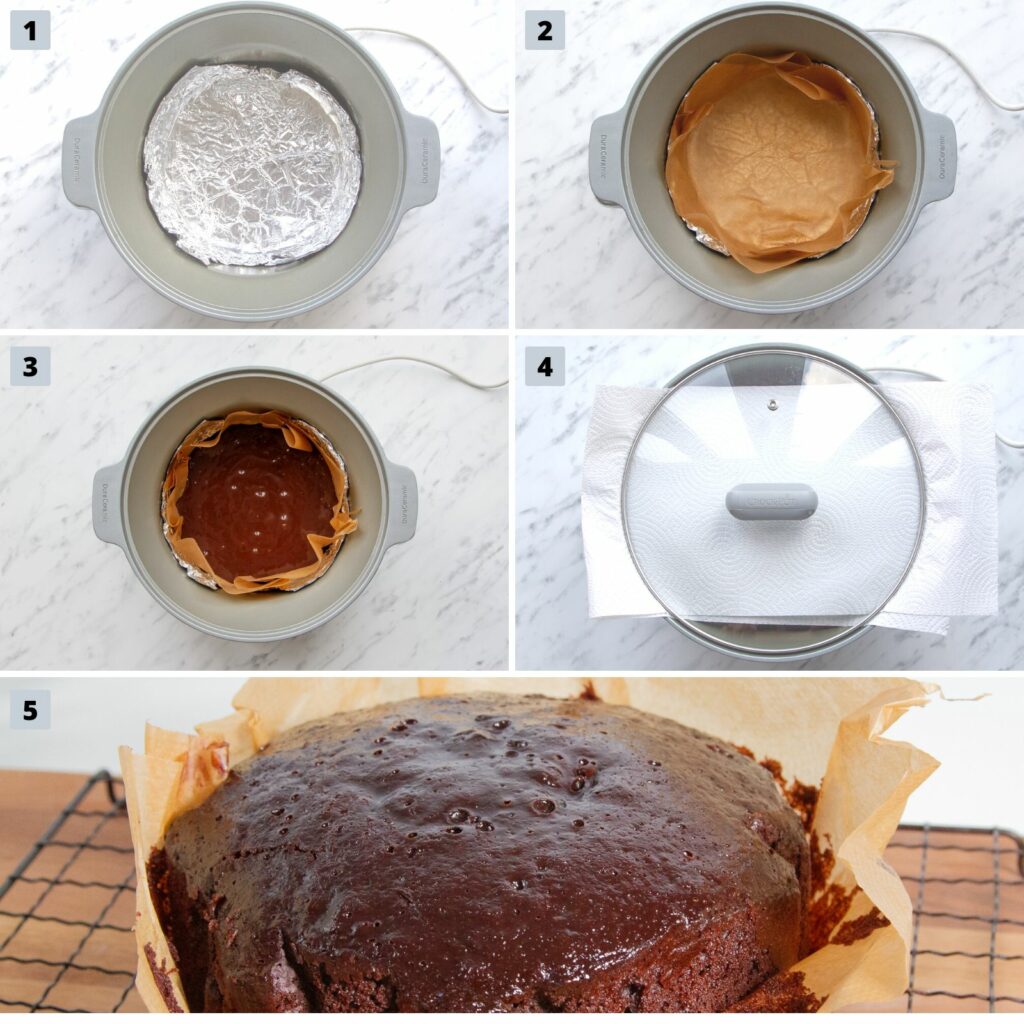 Collage of the steps to make chocolate cake in the slow cooker