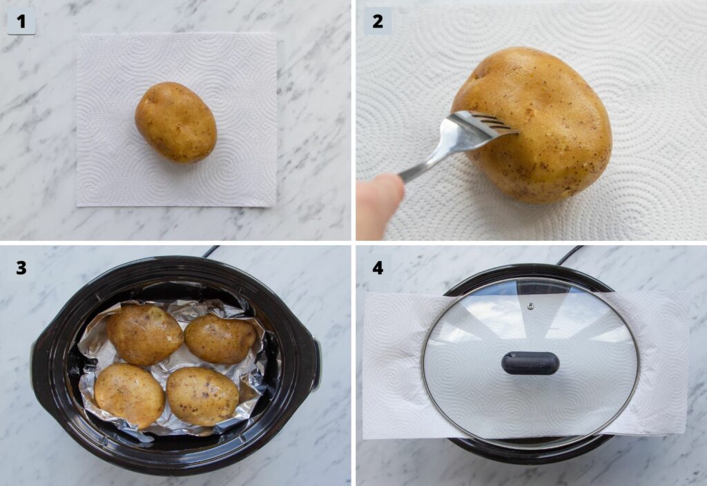 Steps to show how to make jacket potatoes in the slow cooker.