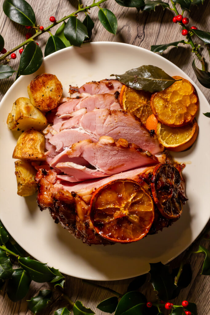 Overhead view of a Christmas Ham cooked in the Slow Cooker.