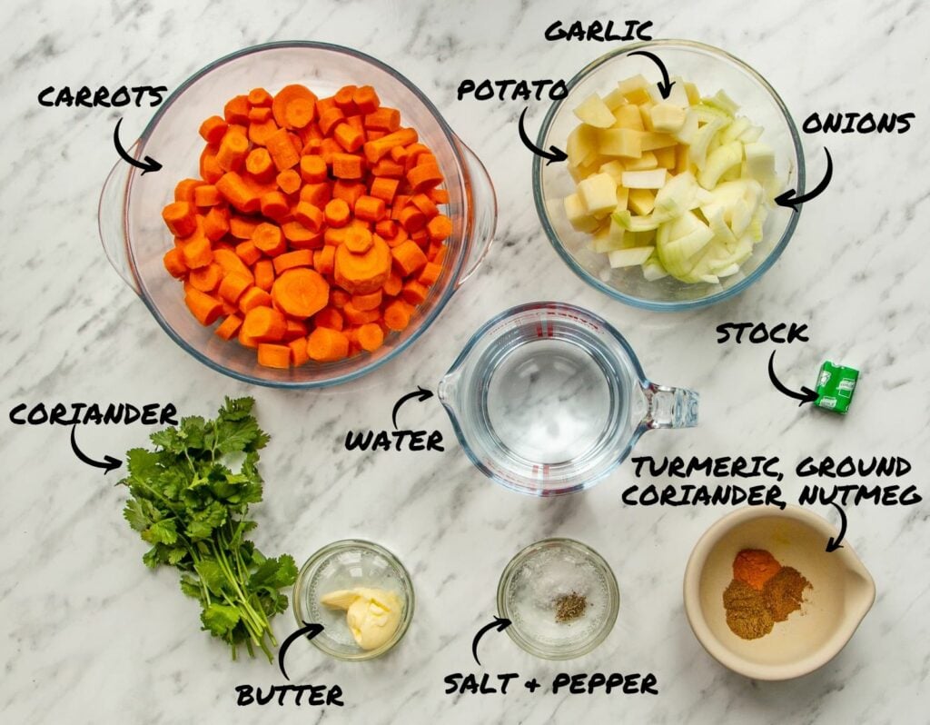 Image to show the ingredients required to make Slow Cooker Carrot and Coriander Soup.