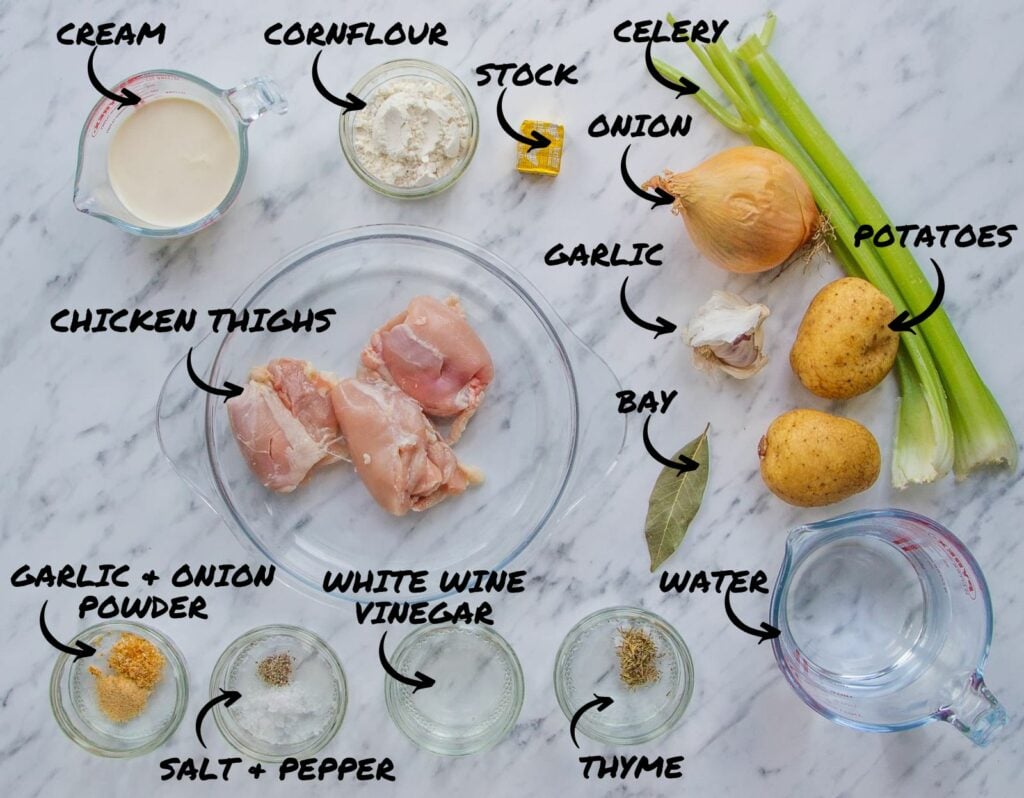 Image to show the ingredients required to make Crockpot Chicken Soup.