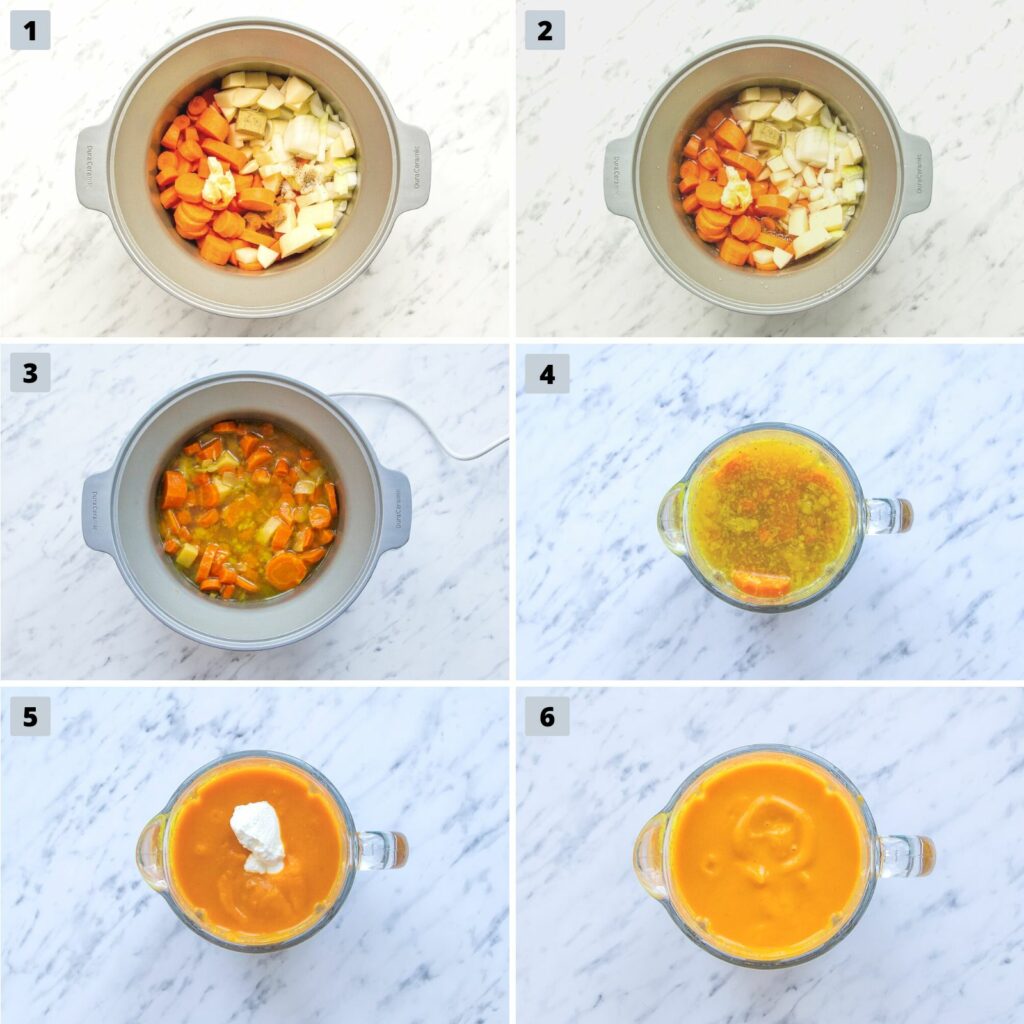 Image to show the six steps to make carrot and coriander soup in the slow cooker.