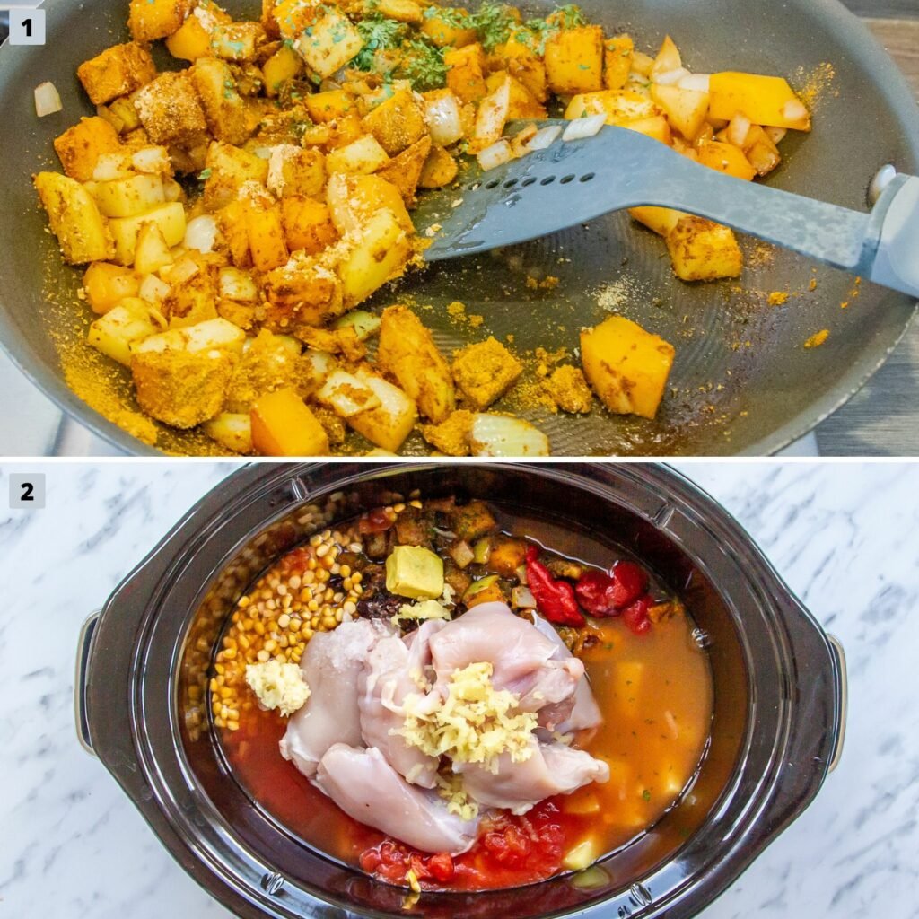 Image to show steps involved to make Slow Cooker Chicken Dhansak.