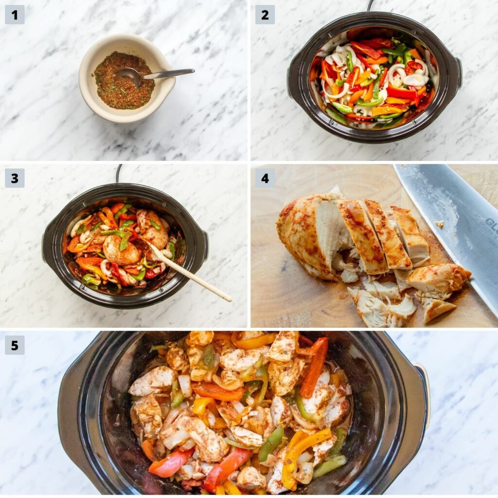 A picture to show the 5 steps to make Crockpot Chicken Fajitas.